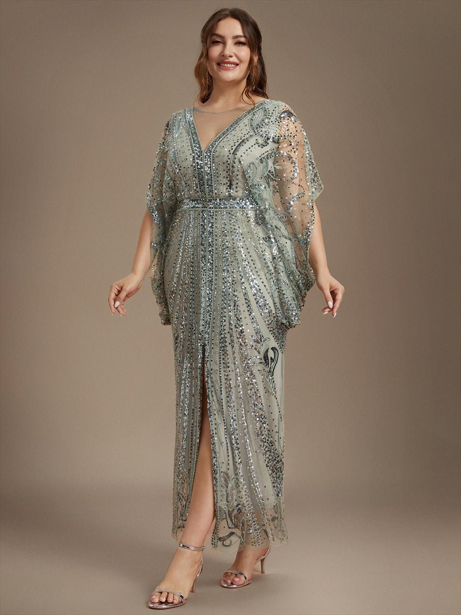 Plus Size Slit Beading Tulle Evening Dress #color_Mint Green