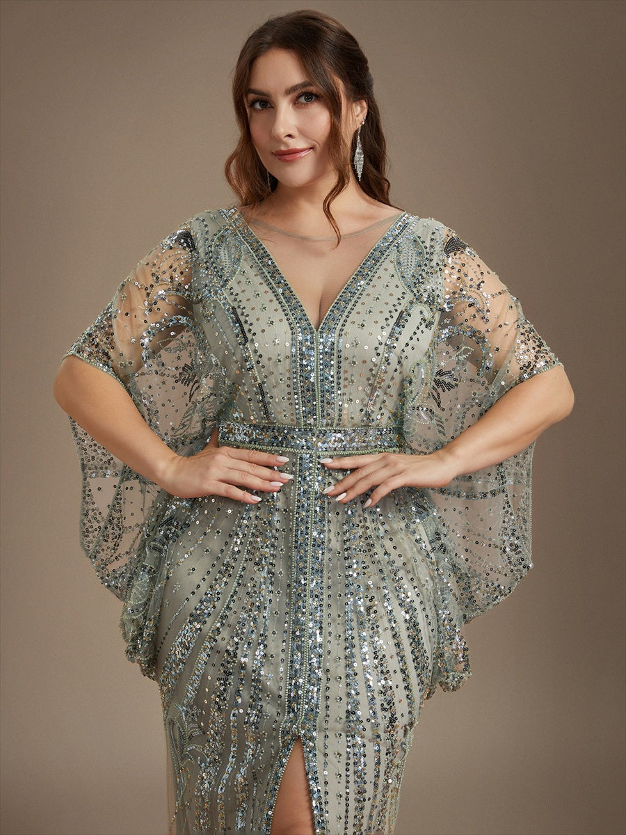 Plus Size Slit Beading Tulle Evening Dress #color_Mint Green