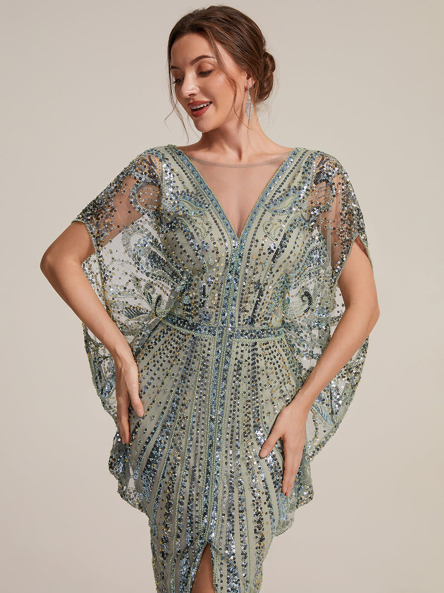 Beading Tulle Batwing Sleeve Evening Dress #color_Mint Green