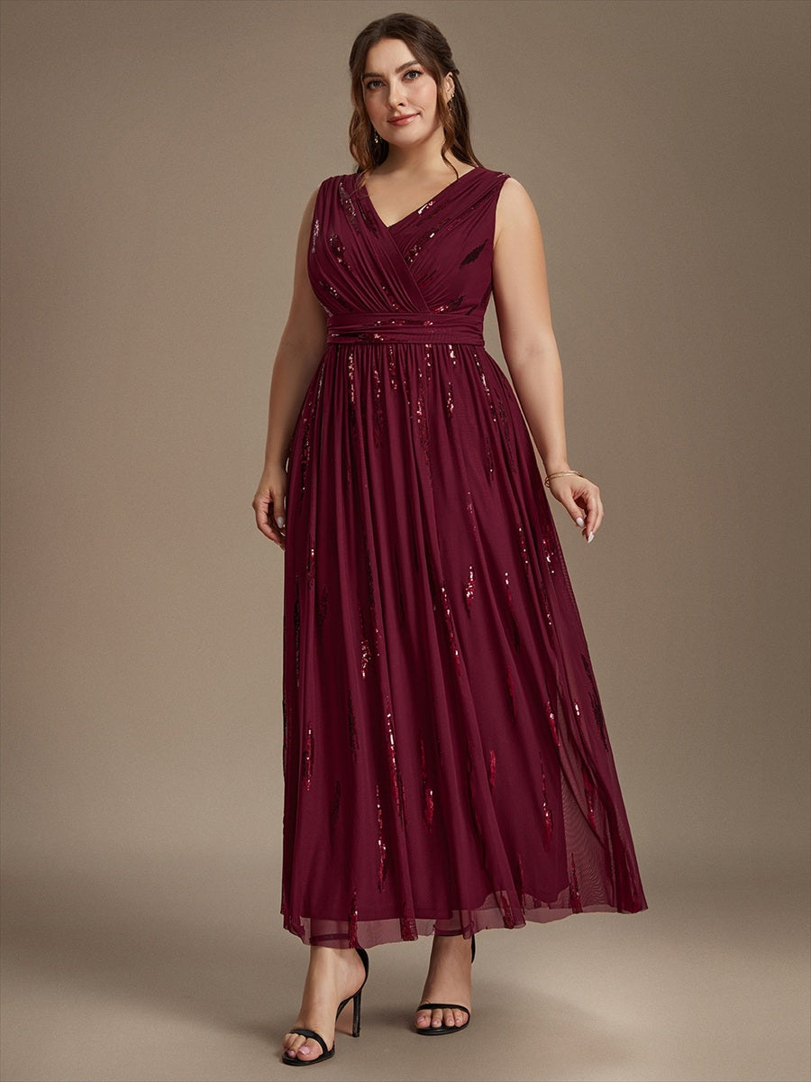 Plus Size Tulle Sleeveless Evening Dress #color_Burgundy