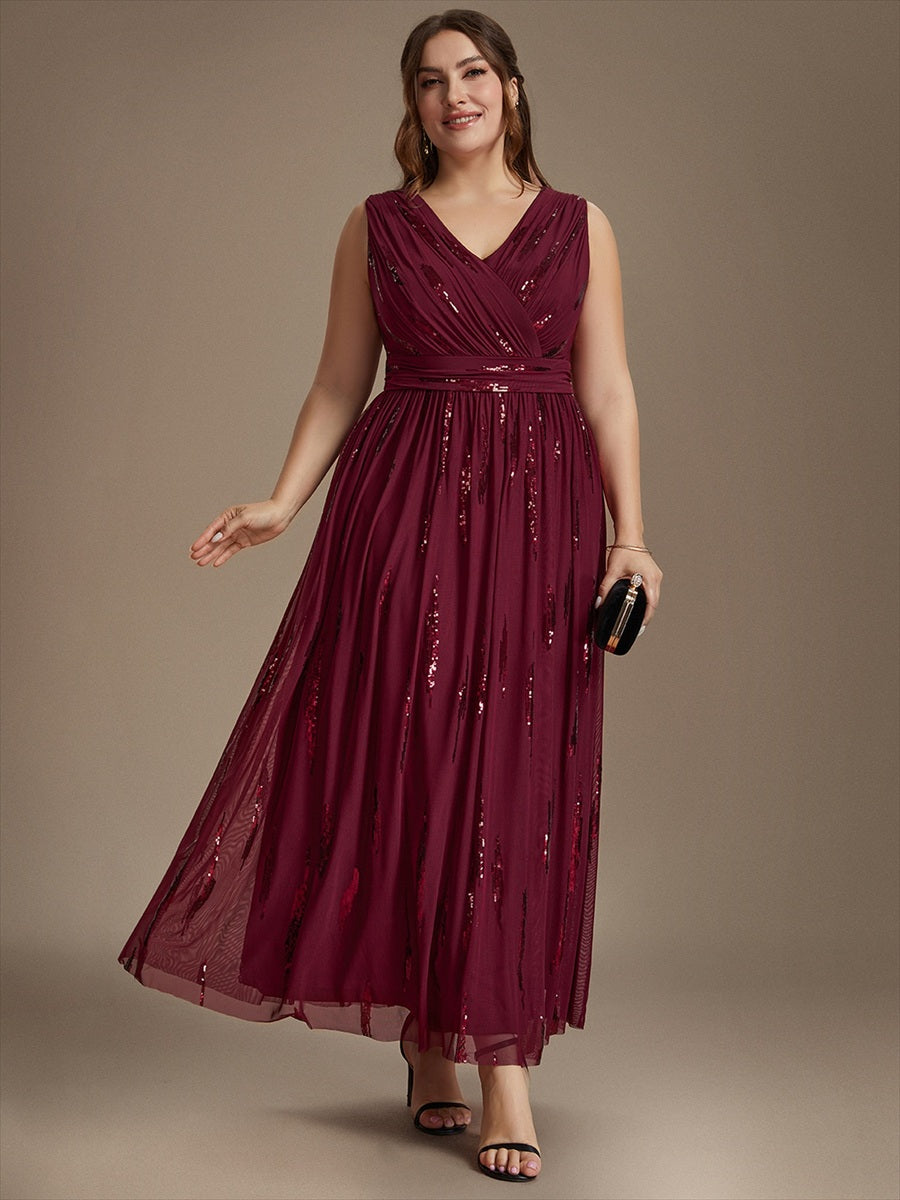 Tulle Sequin Sleeveless A-Line Evening Dress #color_Burgundy