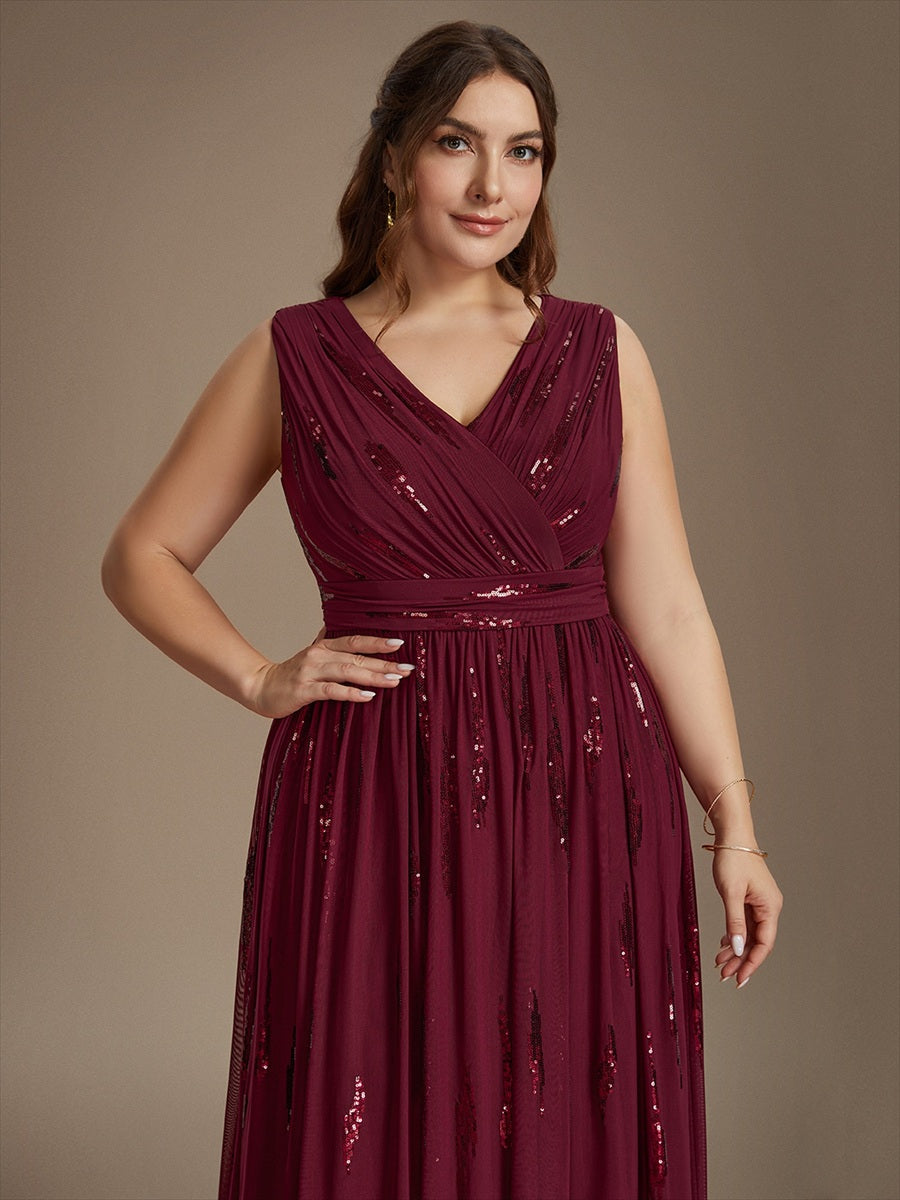 Tulle Sequin Sleeveless A-Line Evening Dress #color_Burgundy
