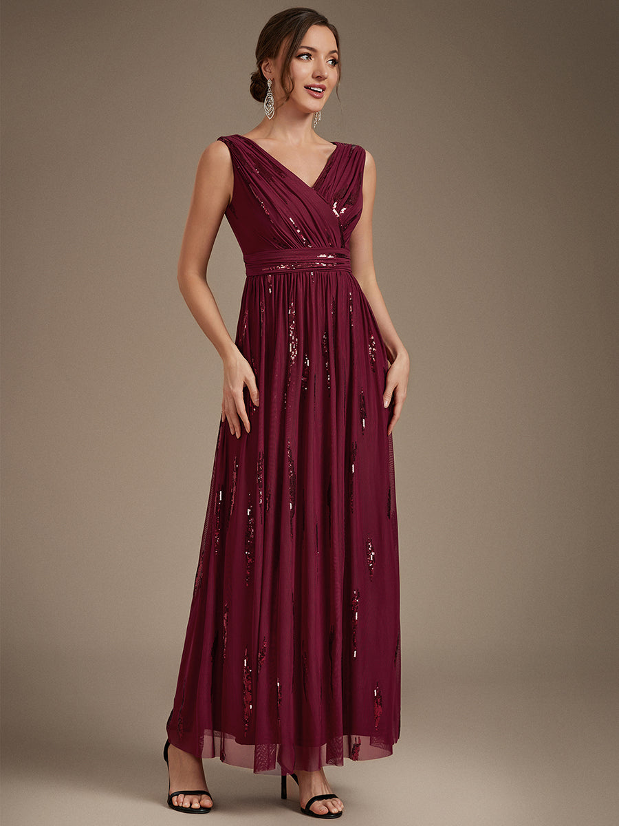 Tulle Sequin Sleeveless A-Line Evening Dress #color_Burgundy