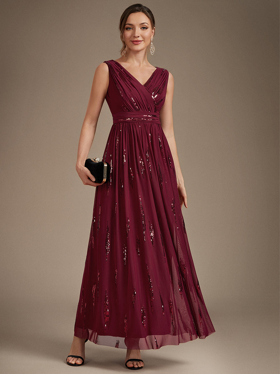 Tulle Sequin Sleeveless A-Line Evening Dress #color_Burgundy