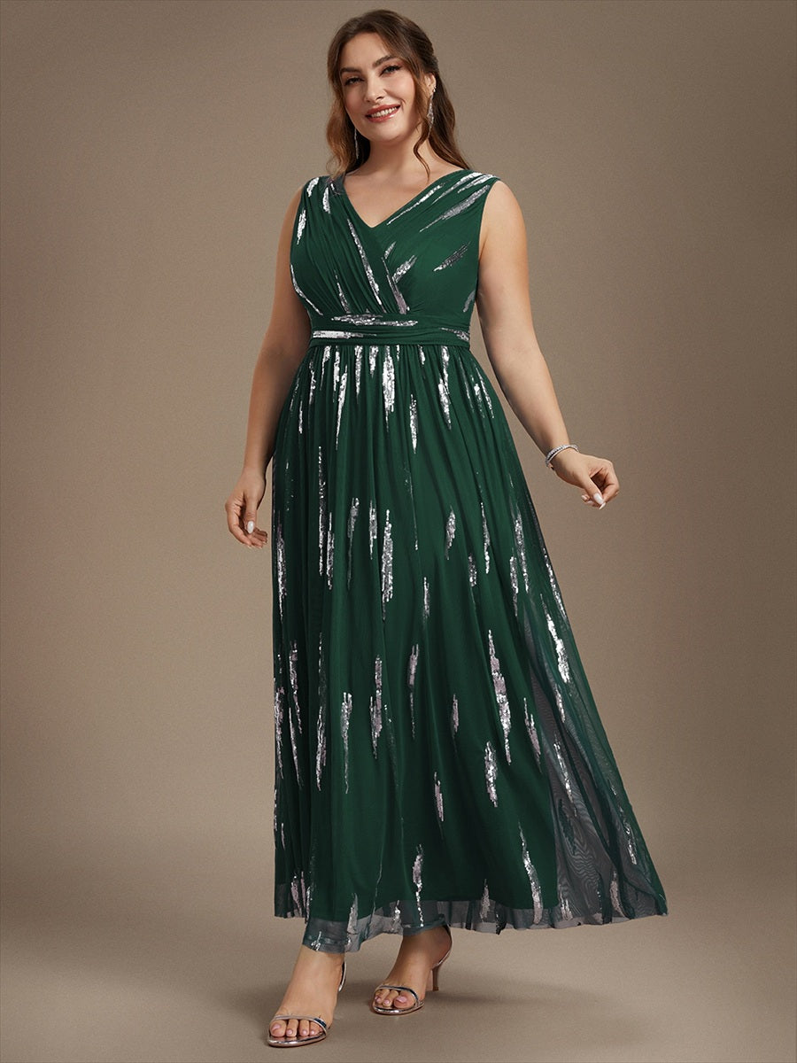 Tulle Sequin Sleeveless A-Line Evening Dress #color_Dark Green