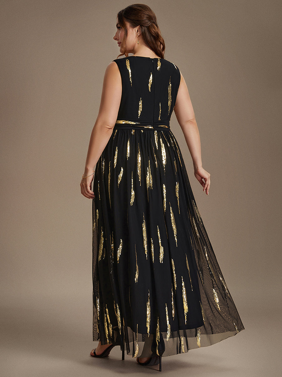Plus Size Tulle Sleeveless Evening Dress #color_Black&Metallic Gold