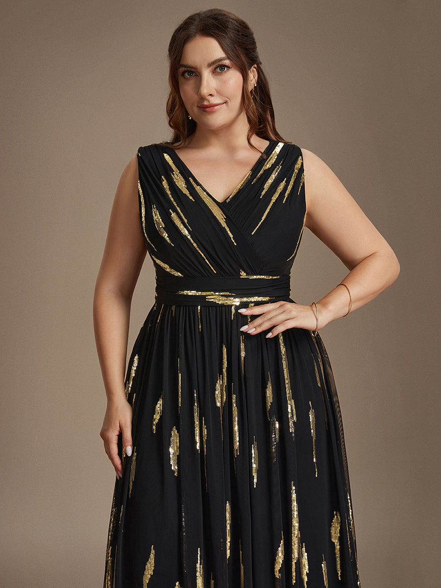Plus Size Tulle Sleeveless Evening Dress #color_Black&Metallic Gold