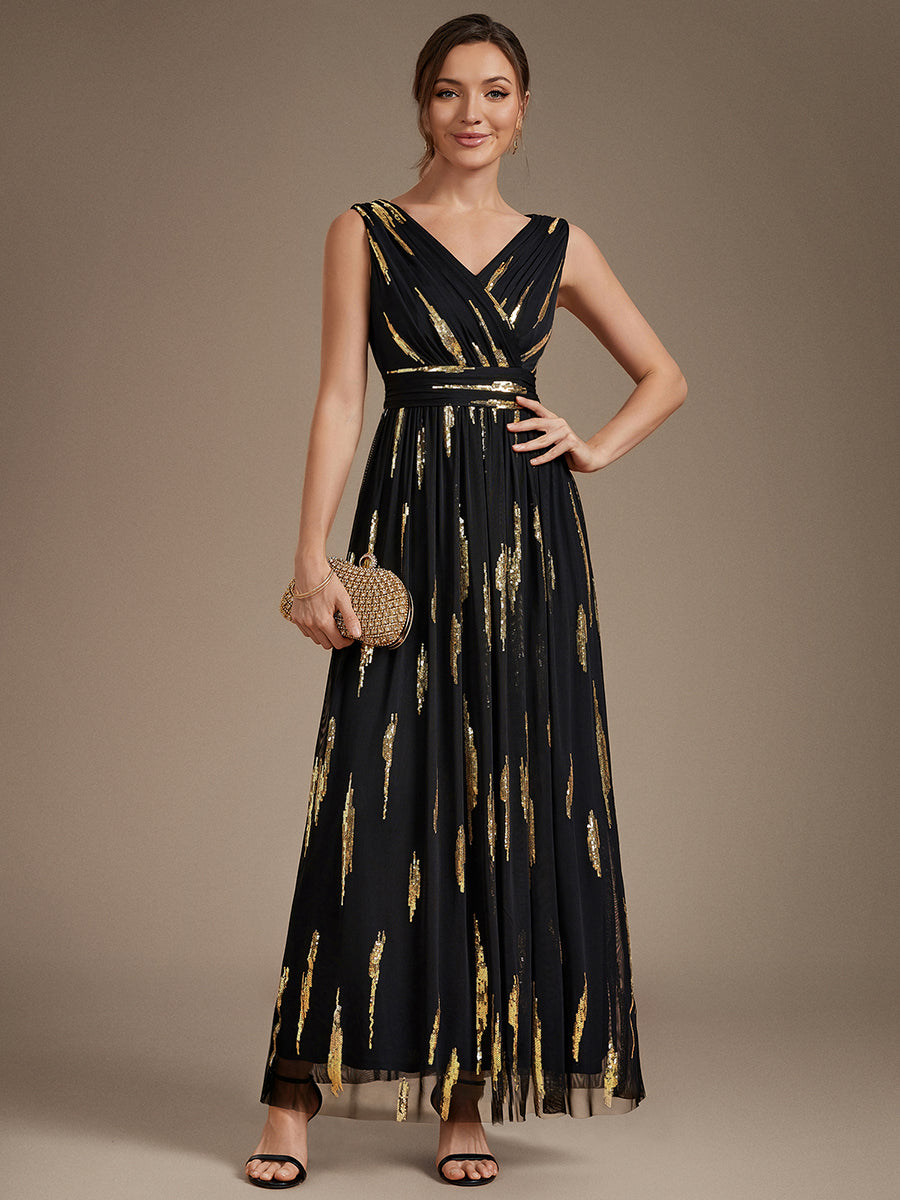 Tulle Sequin Sleeveless A-Line Evening Dress #color_Black & Gold
