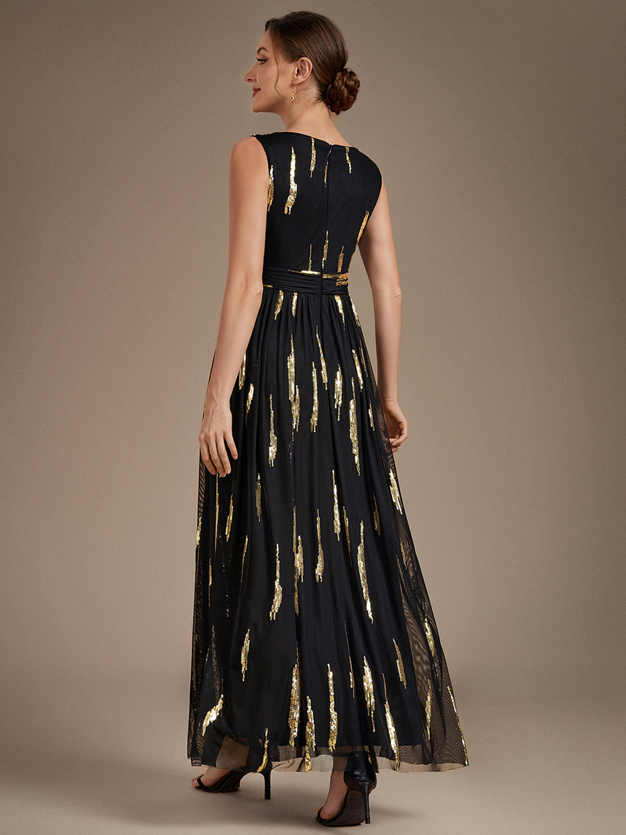 Tulle Sequin Sleeveless A-Line Evening Dress #color_Black & Gold