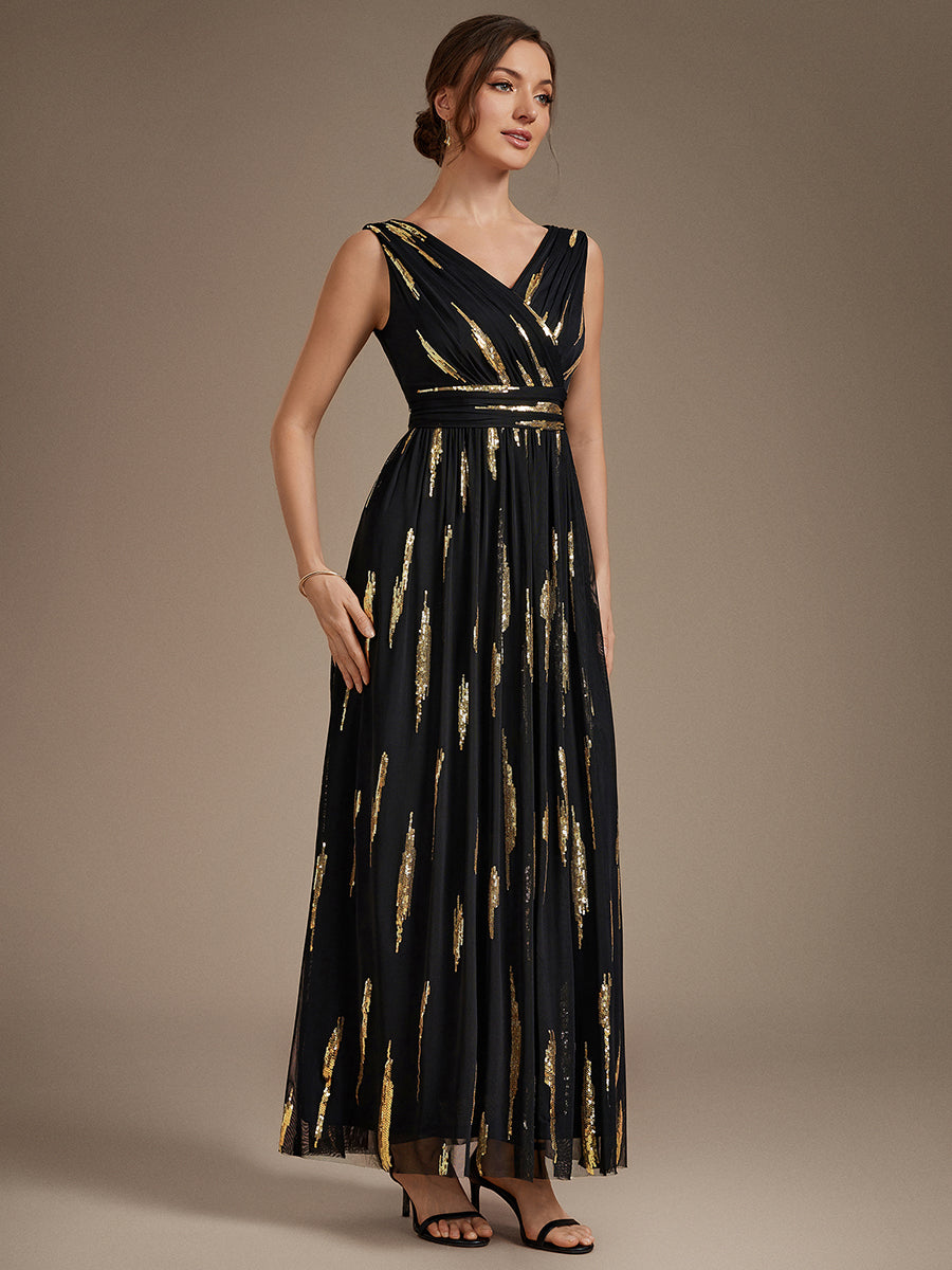 Tulle Sequin Sleeveless A-Line Evening Dress #color_Black & Gold