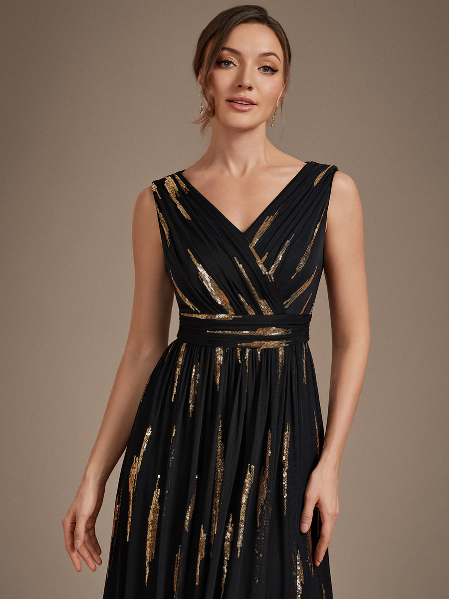 Tulle Sequin Sleeveless A-Line Evening Dress #color_Black & Gold