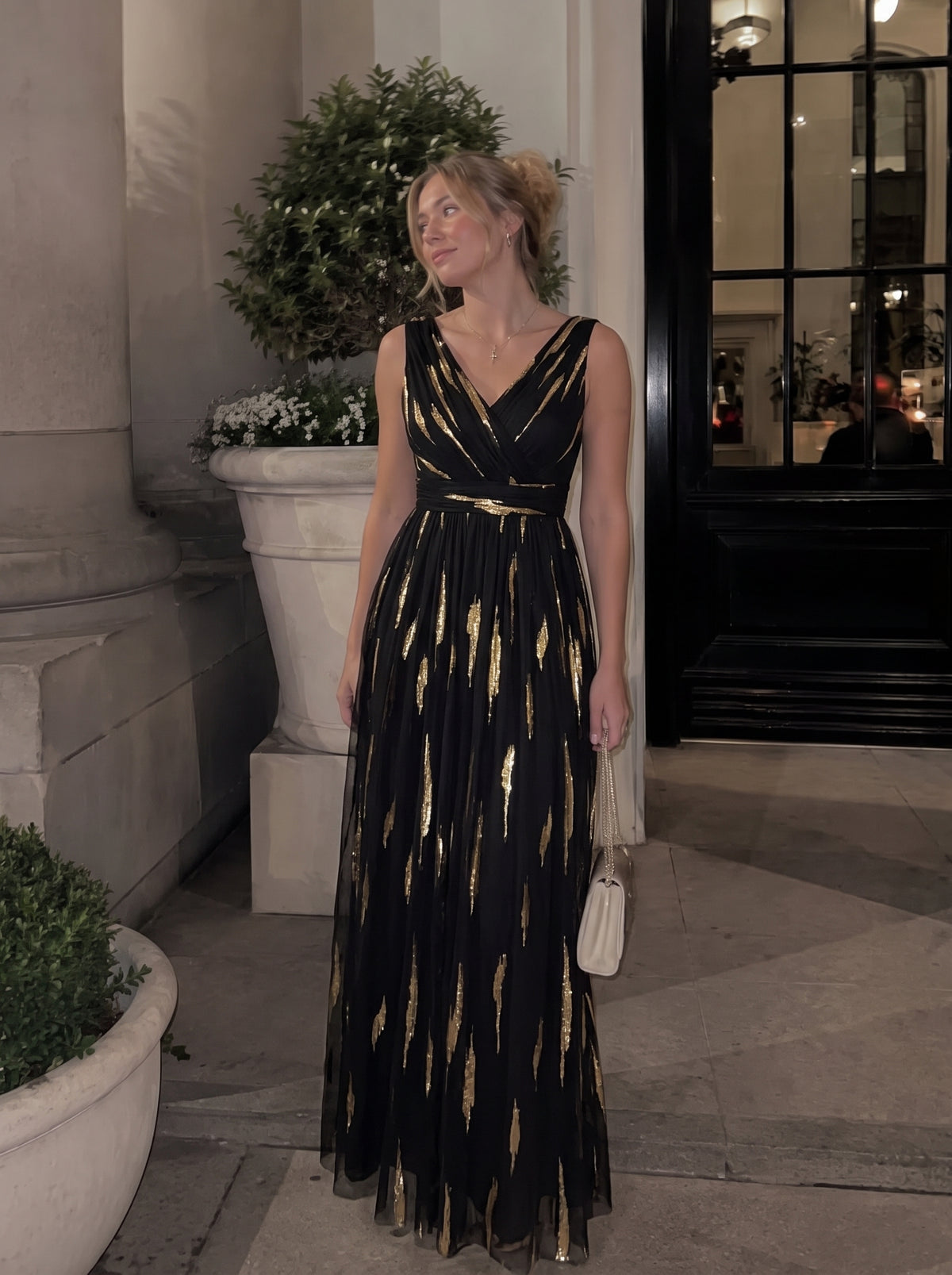 Tulle Sequin Sleeveless A-Line Evening Dress #color_Black&Metallic Gold