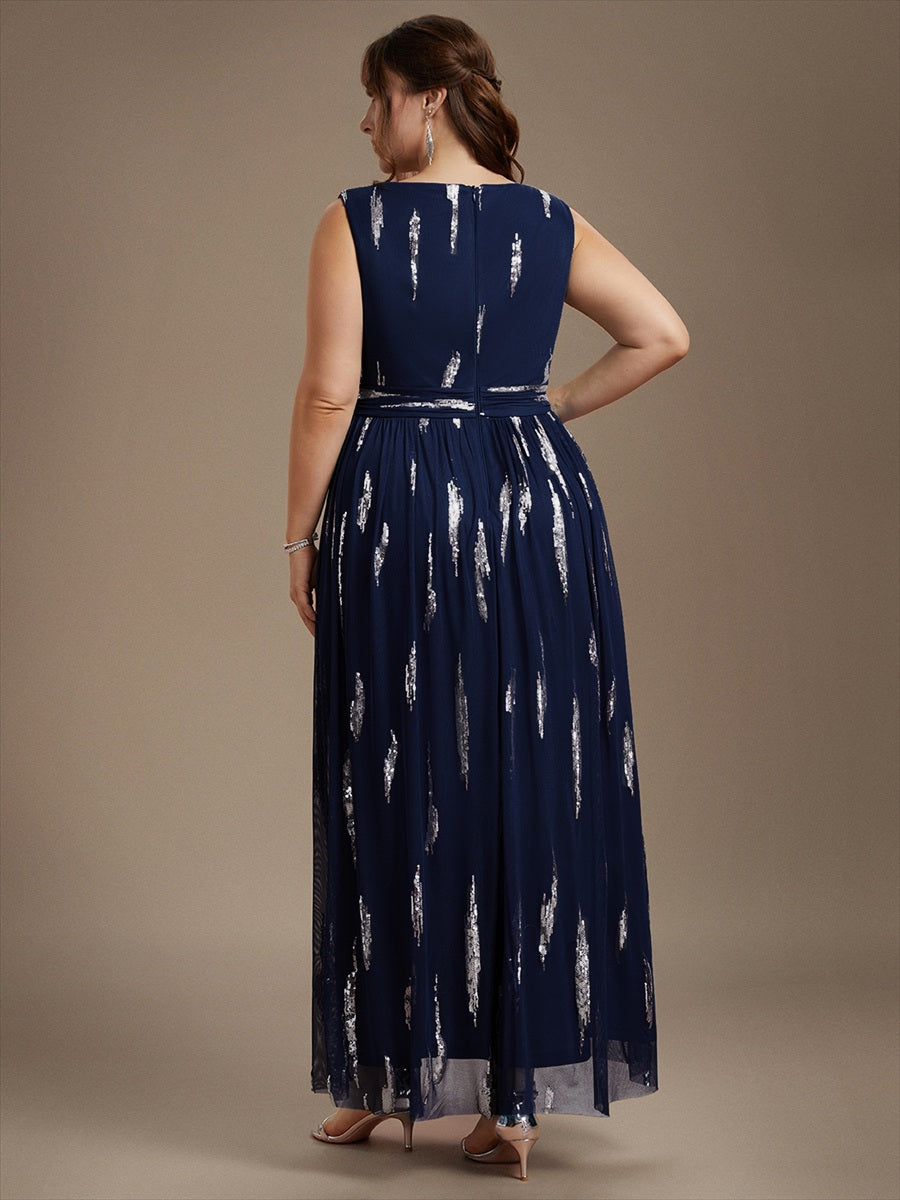 Tulle Sequin Sleeveless A-Line Evening Dress #color_Navy Blue