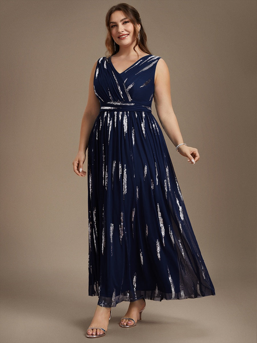 Tulle Sequin Sleeveless A-Line Evening Dress #color_Navy Blue