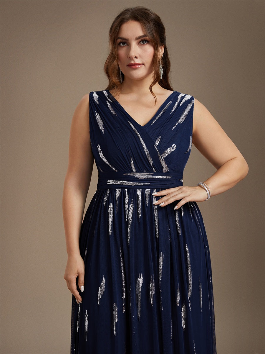 Tulle Sequin Sleeveless A-Line Evening Dress #color_Navy Blue