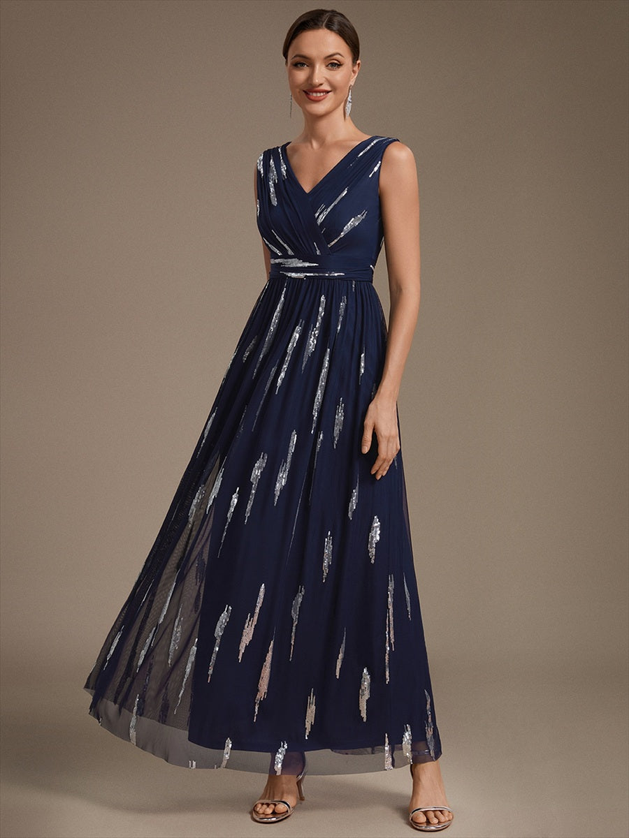 Tulle Sequin Sleeveless A-Line Evening Dress #color_Navy Blue
