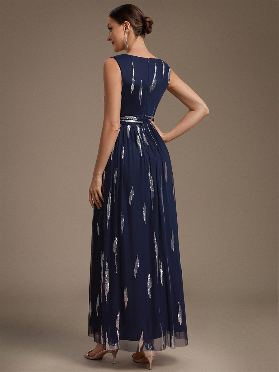 Tulle Sequin Sleeveless A-Line Evening Dress #color_Navy Blue