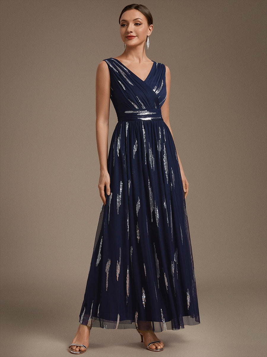 Tulle Sequin Sleeveless A-Line Evening Dress #color_Navy Blue