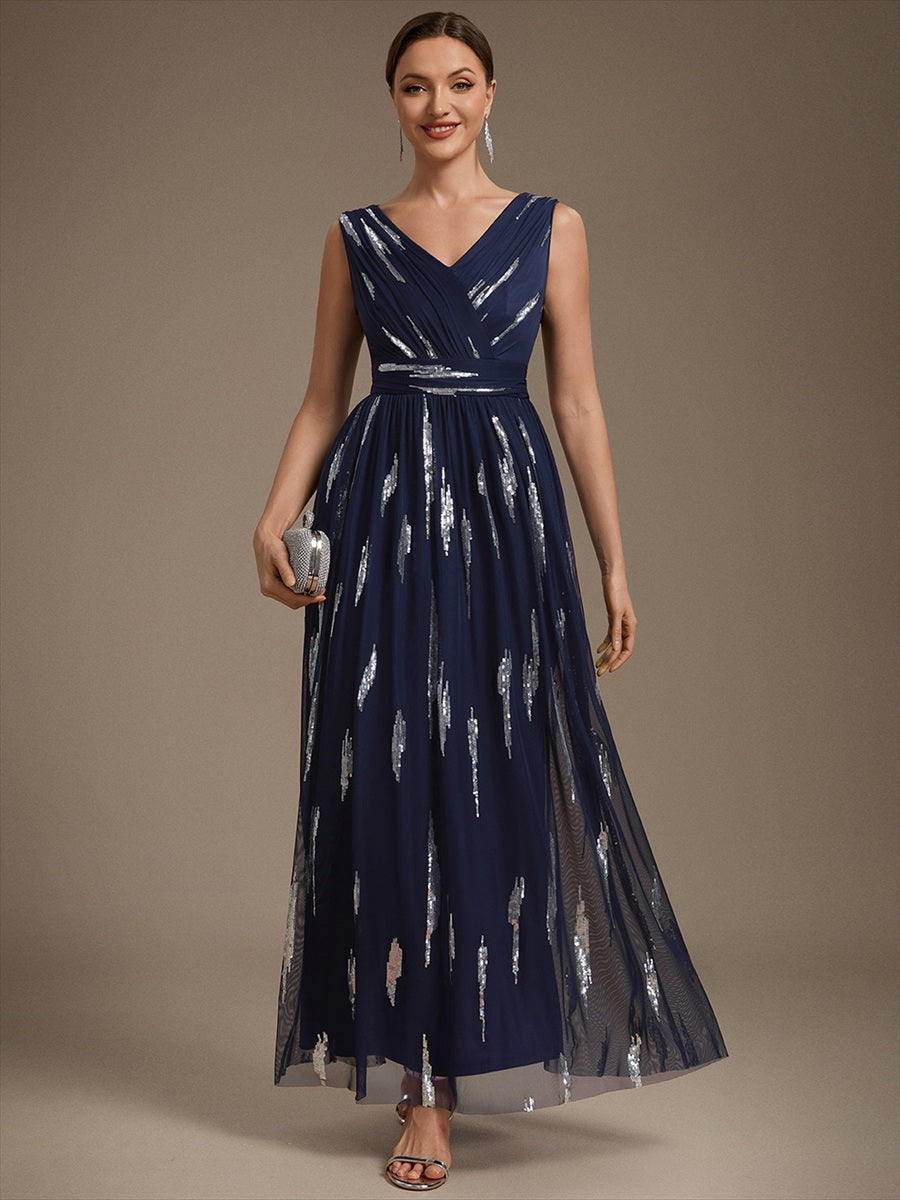Tulle Sequin Sleeveless A-Line Evening Dress #color_Navy Blue