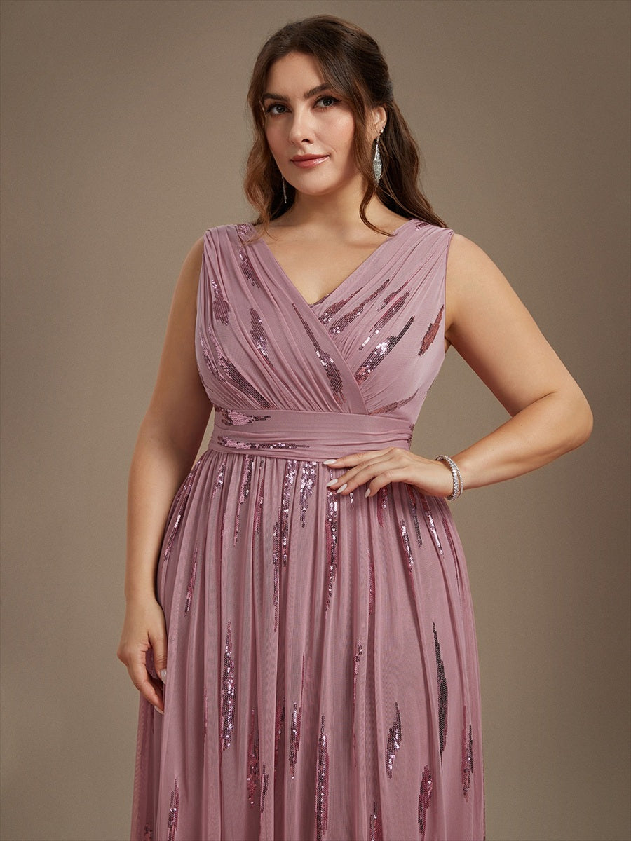 Tulle Sequin Sleeveless A-Line Evening Dress #color_Purple Orchid