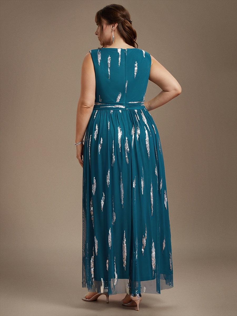 Plus Size Tulle Sleeveless Evening Dress #color_Teal Blue