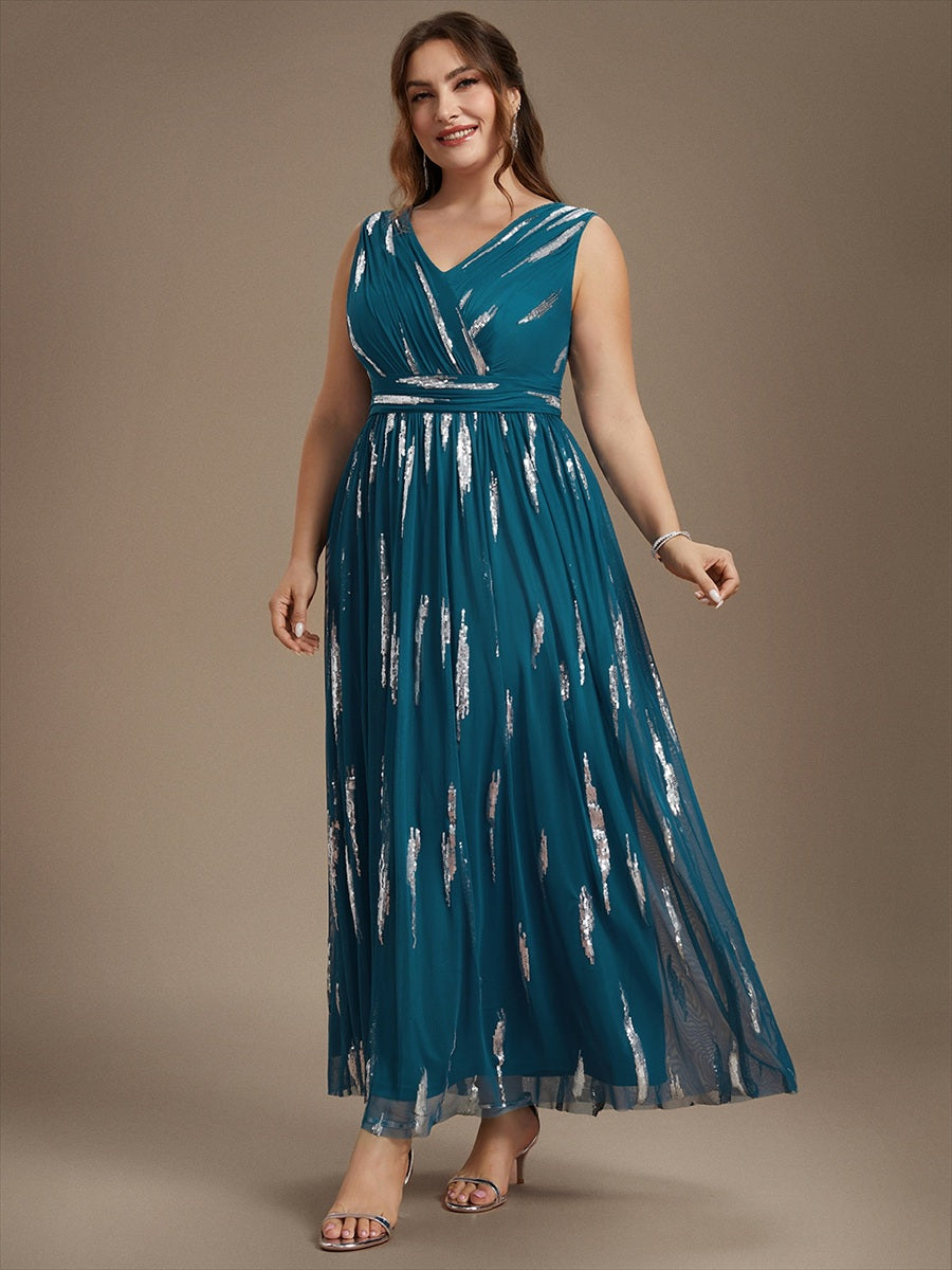 Tulle Sequin Sleeveless A-Line Evening Dress #color_Teal Blue