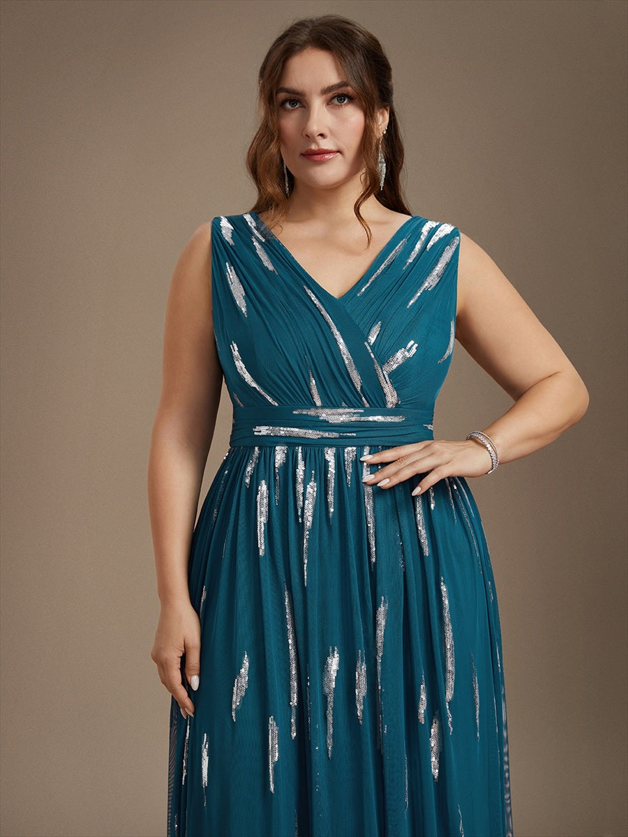Plus Size Tulle Sleeveless Evening Dress #color_Teal Blue