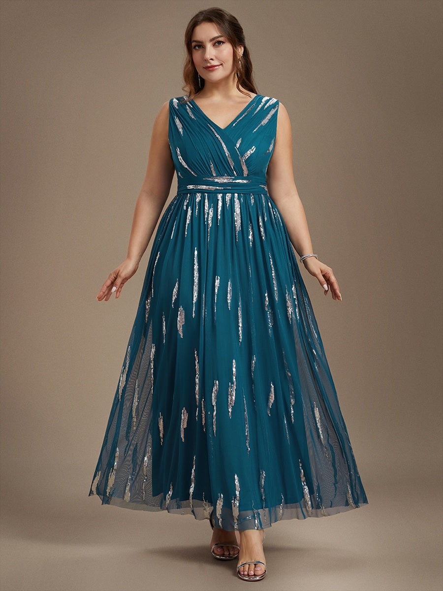 Tulle Sequin Sleeveless A-Line Evening Dress #color_Teal Blue