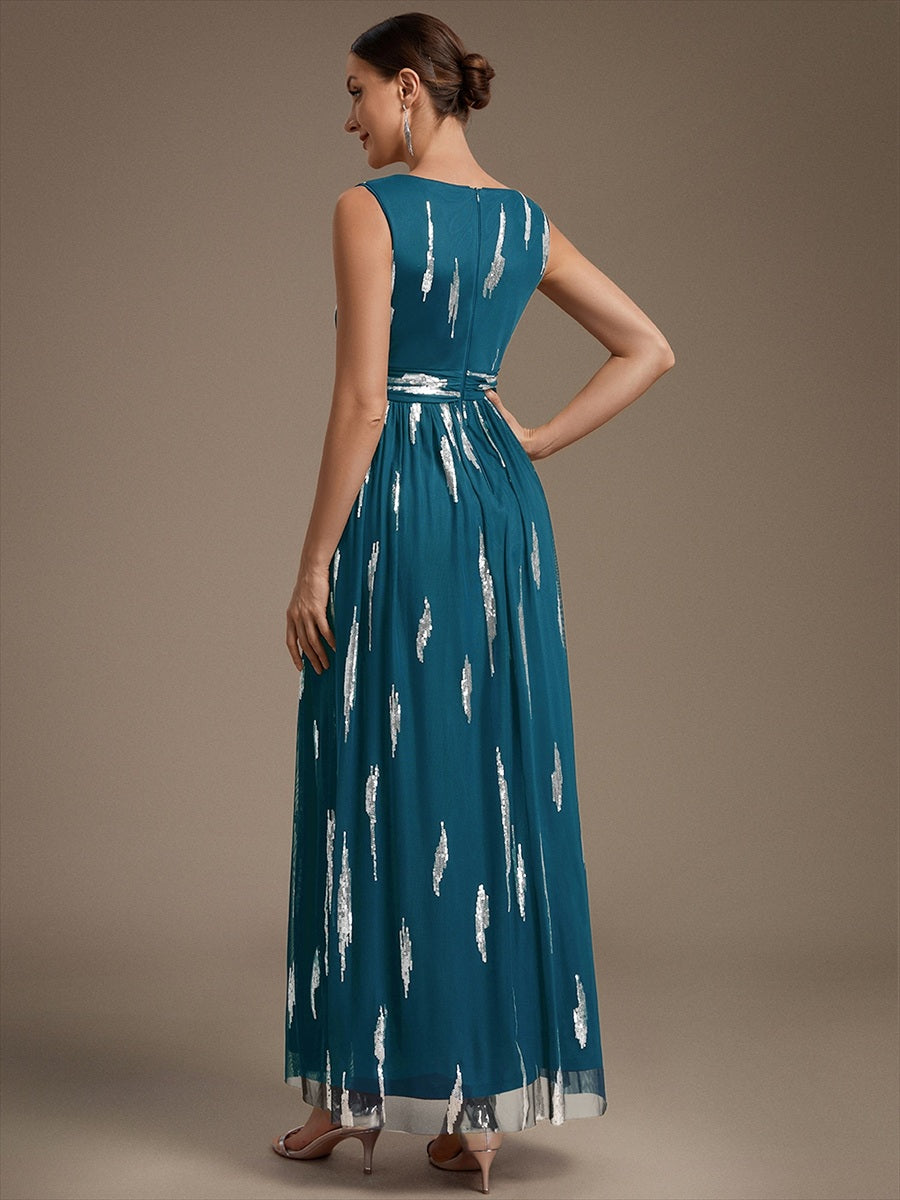 Tulle Sequin Sleeveless A-Line Evening Dress #color_Teal Blue