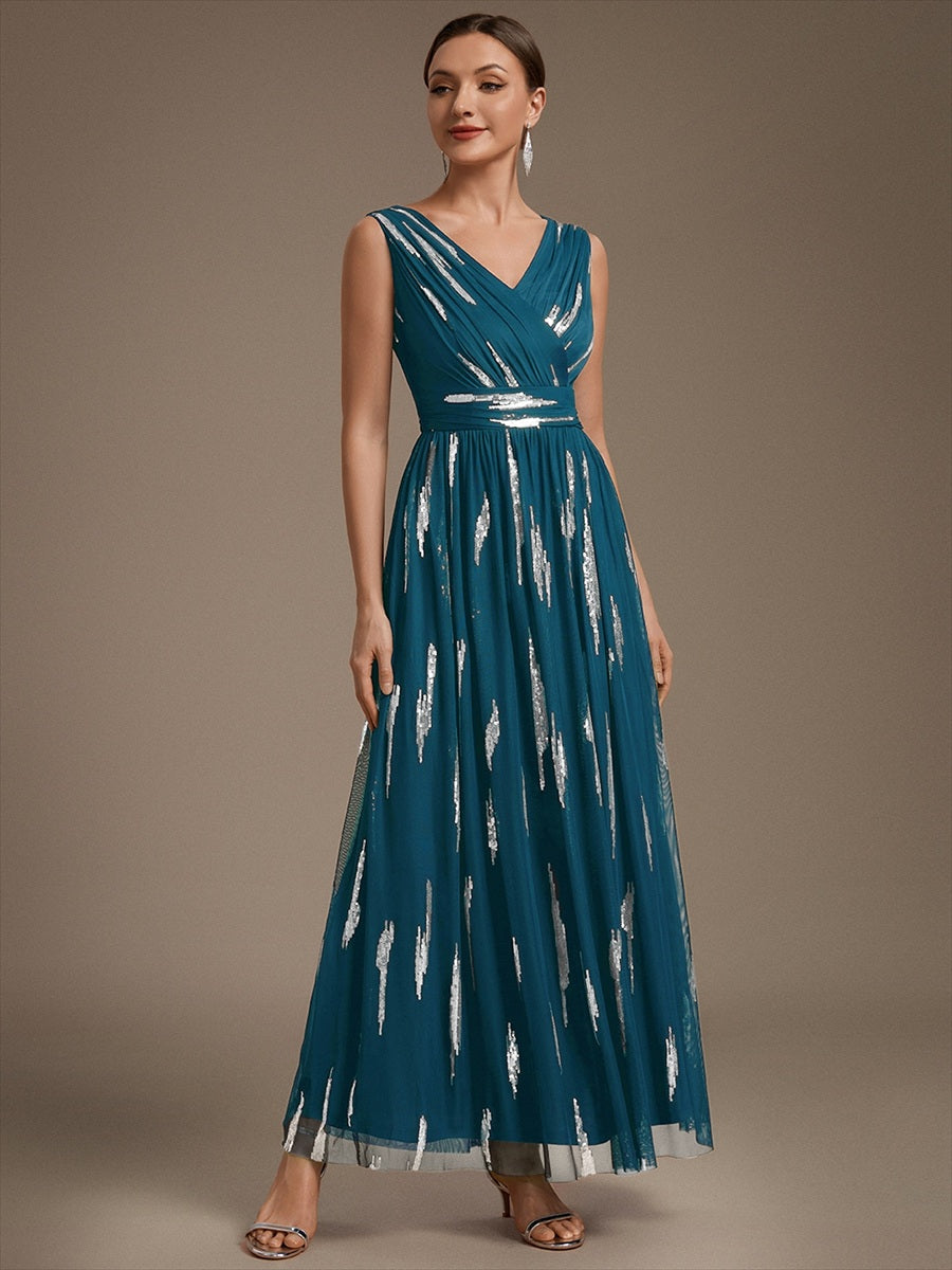 Tulle Sequin Sleeveless A-Line Evening Dress #color_Teal Blue