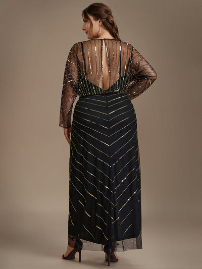 Plus Size Beading Tulle Evening Dress #color_Black & Gold