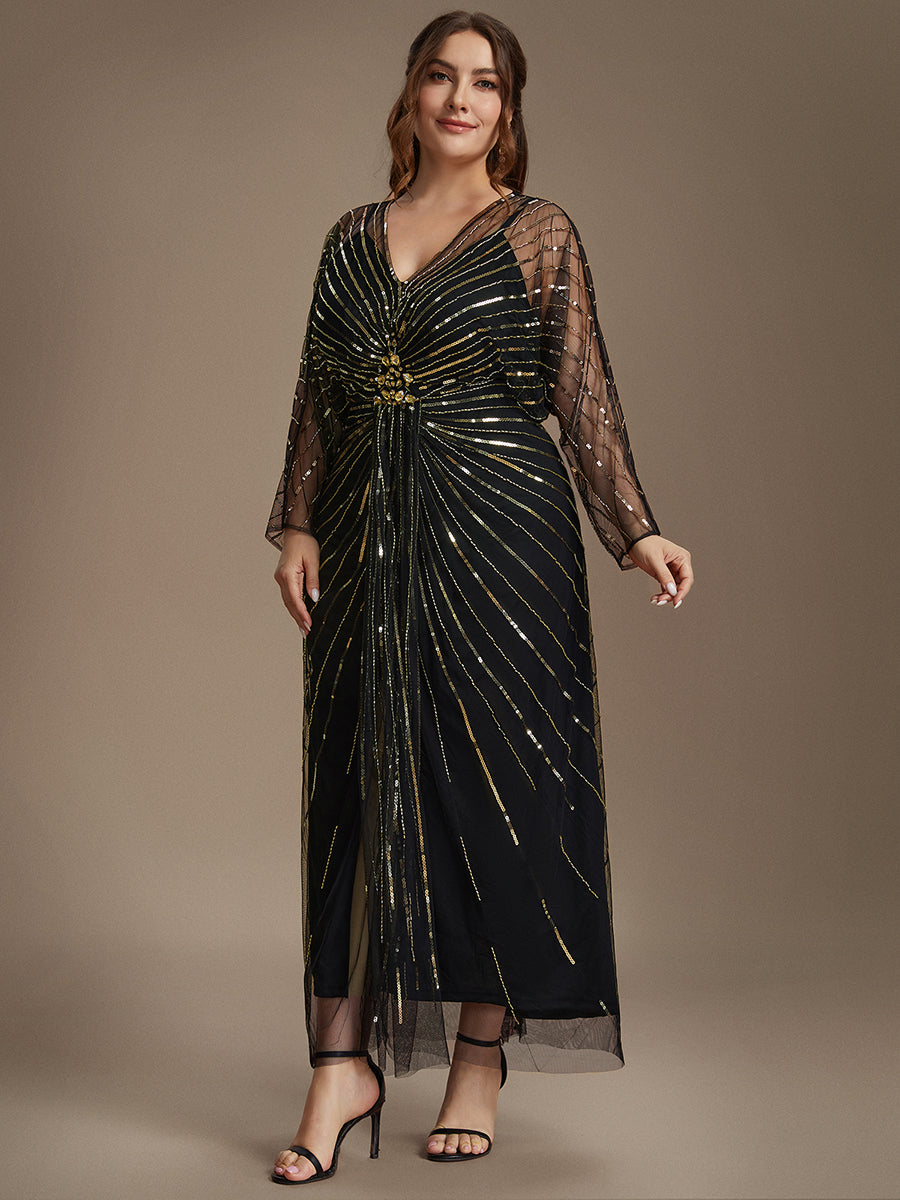 Sequin Tulle Batwing Sleeve Evening Dress #color_Black & Gold