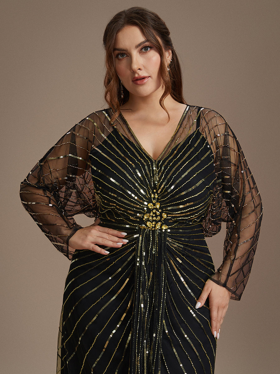 Plus Size Beading Tulle Evening Dress #color_Black & Gold