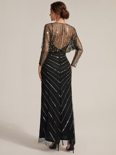 Sequin Tulle Batwing Sleeve Evening Dress #color_Black & Gold