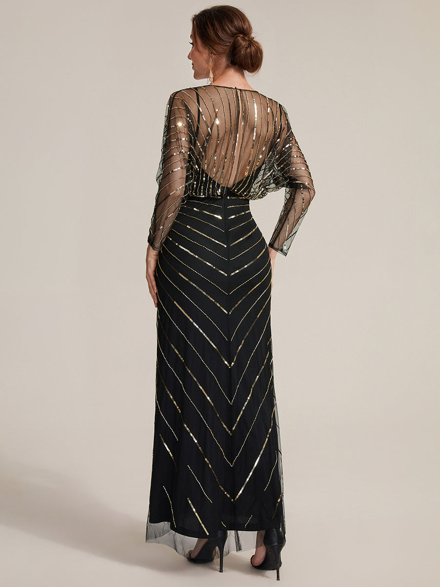 Sequin Tulle Batwing Sleeve Evening Dress #color_Black & Gold