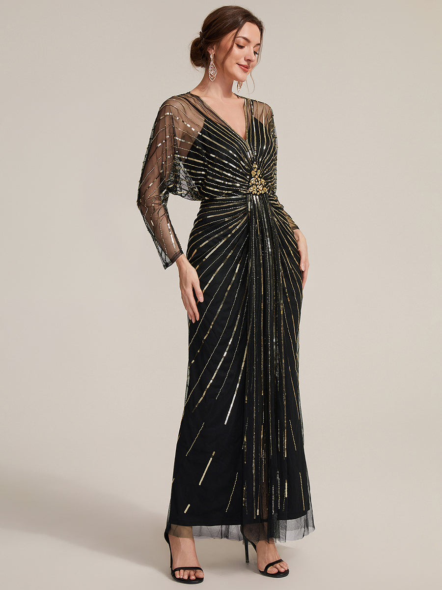 Sequin Tulle Batwing Sleeve Evening Dress #color_Black & Gold