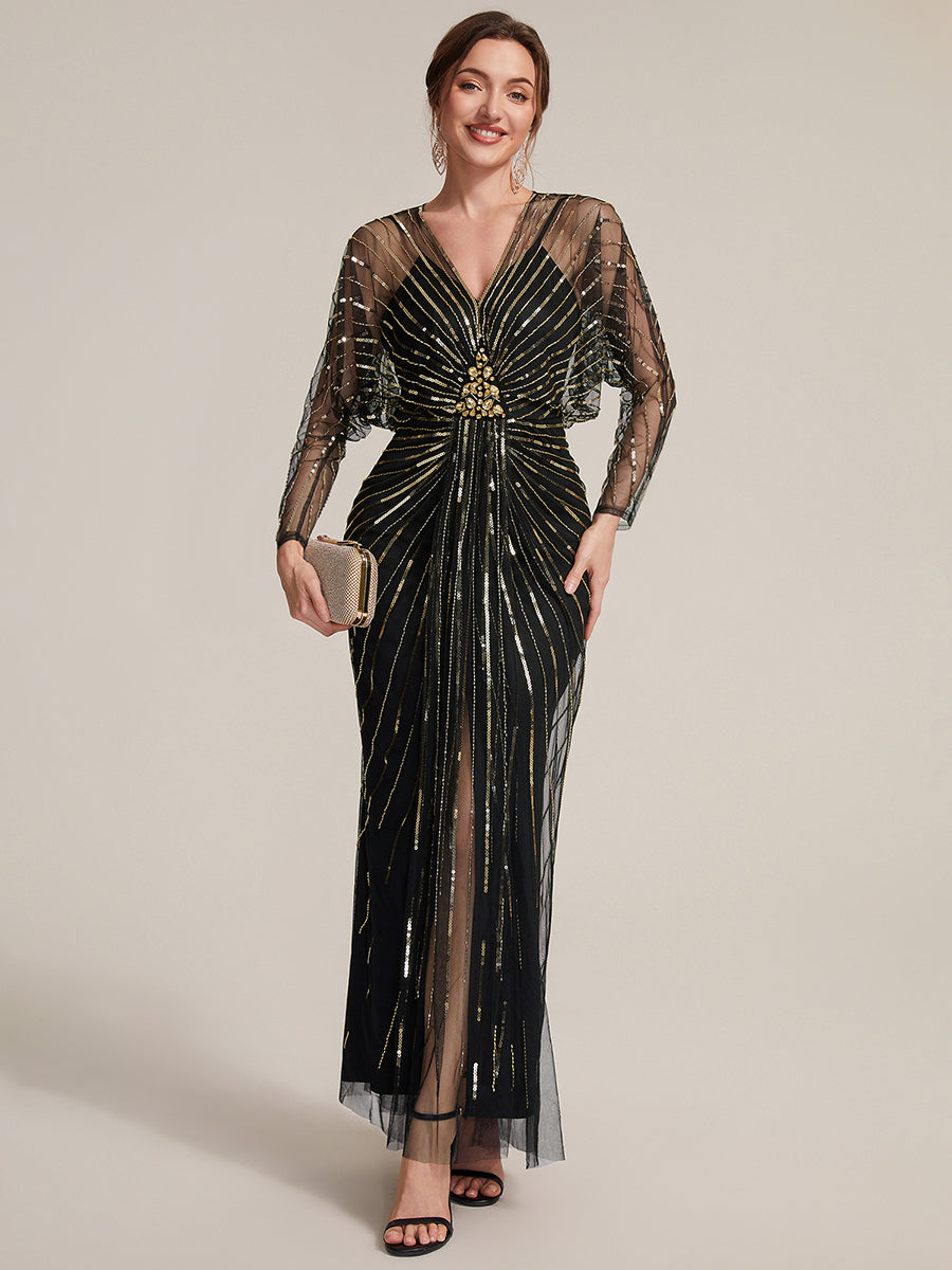 Sequin Tulle Batwing Sleeve Evening Dress #color_Black & Gold