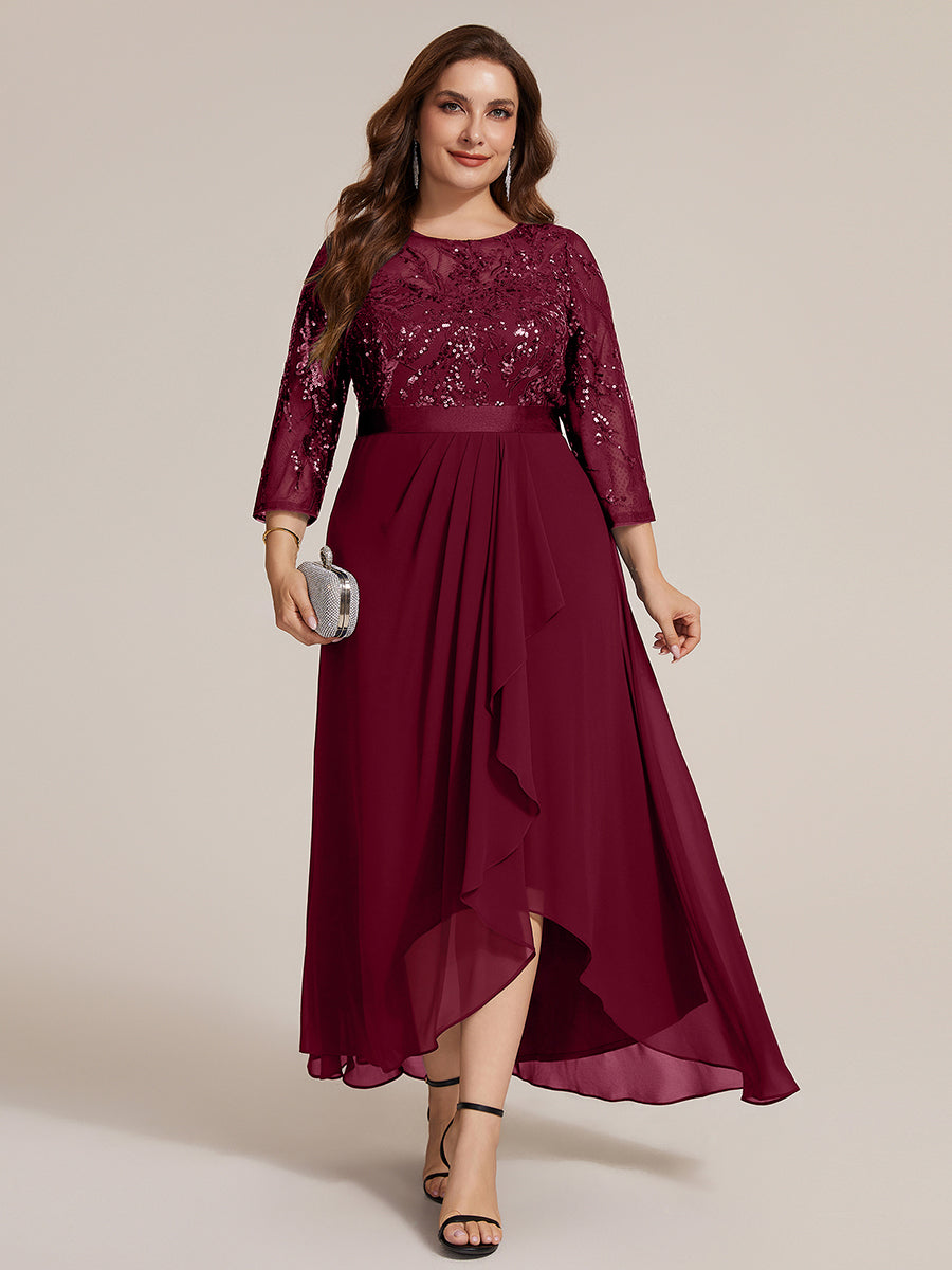Sequins Long Sleeve Asymmetrical Hem Evening Dress #color_Burgundy