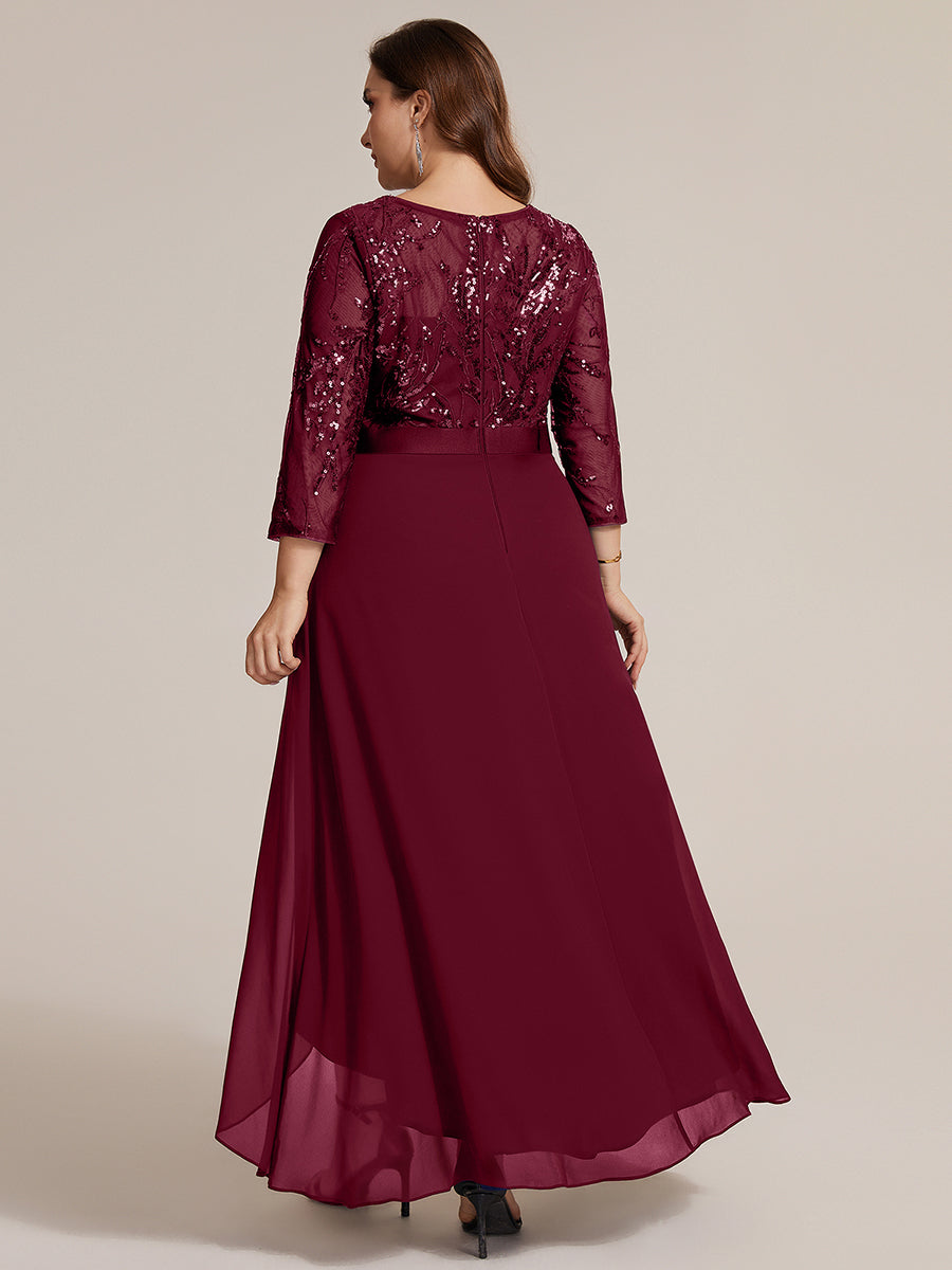 Sequins Long Sleeve Asymmetrical Hem Evening Dress #color_Burgundy