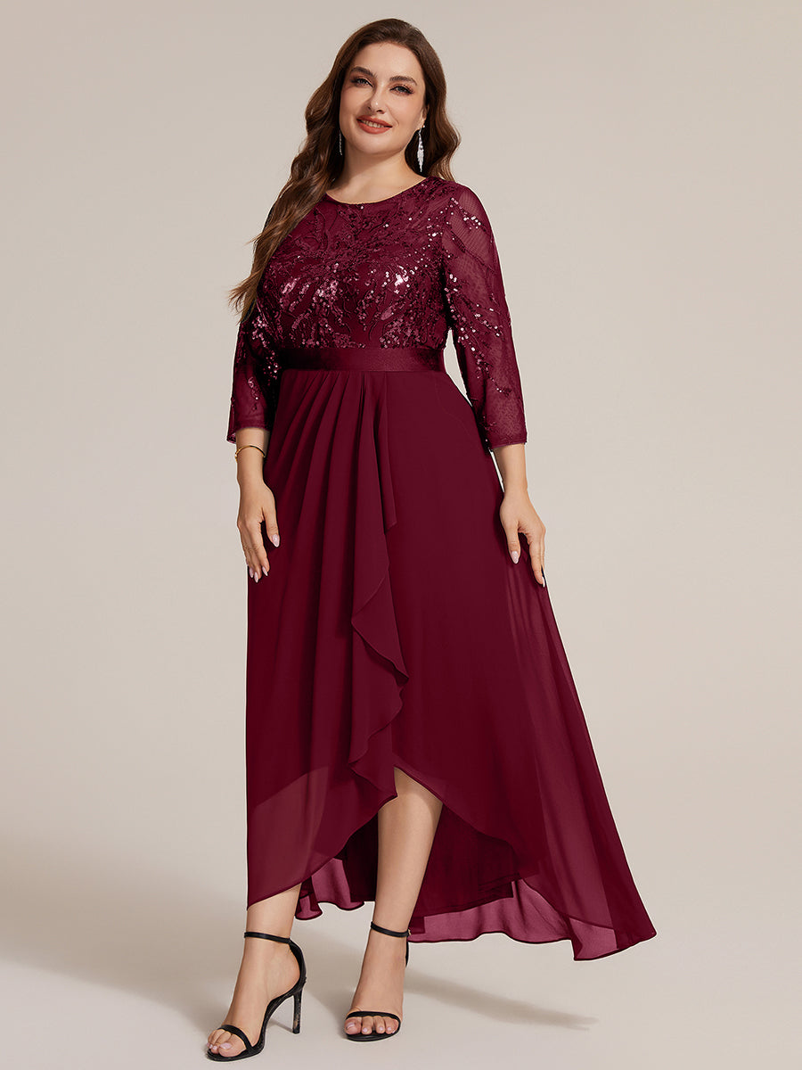Sequins Long Sleeve Asymmetrical Hem Evening Dress #color_Burgundy
