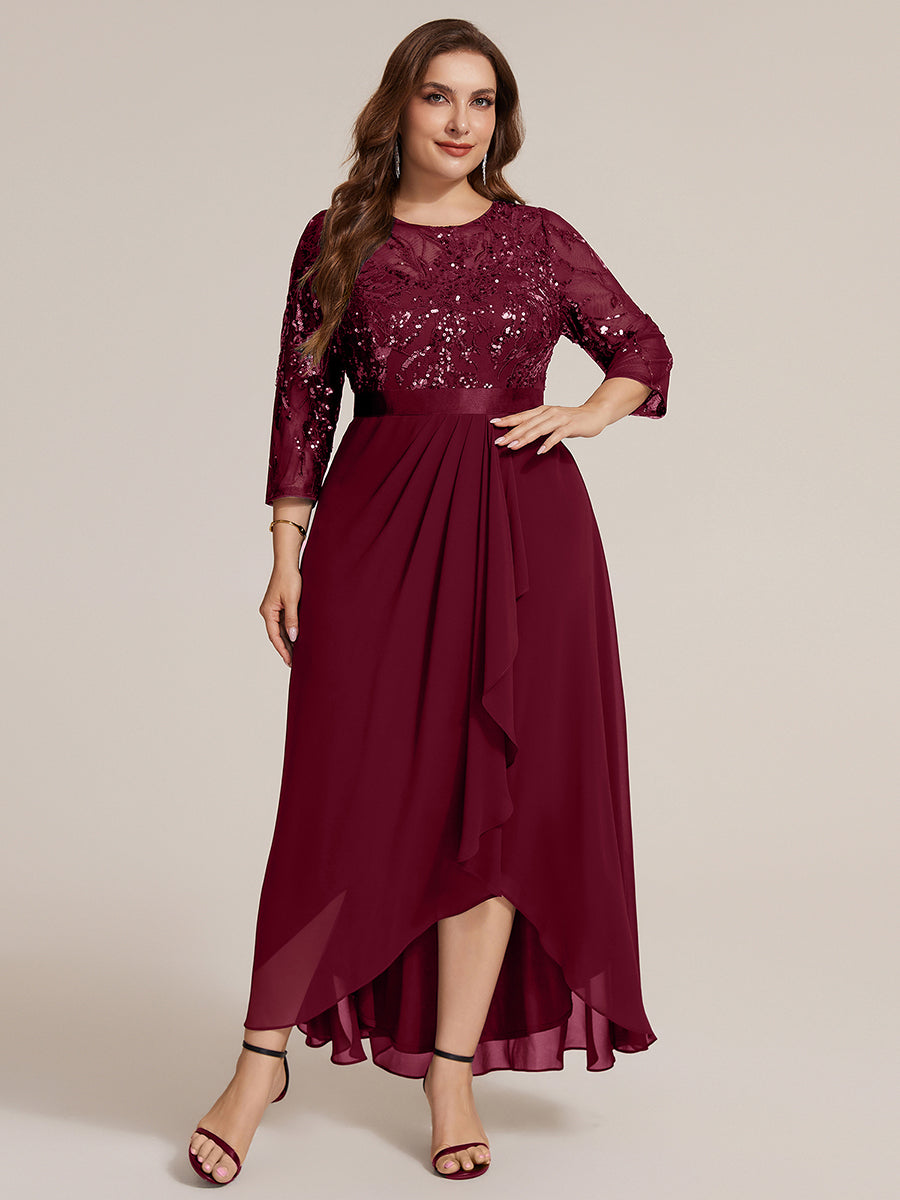 Sequins Long Sleeve Asymmetrical Hem Evening Dress #color_Burgundy