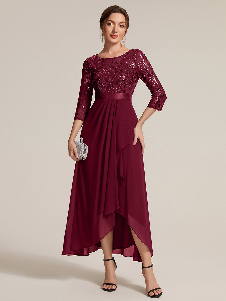 Sequins Long Sleeve Asymmetrical Hem Evening Dress #color_Burgundy