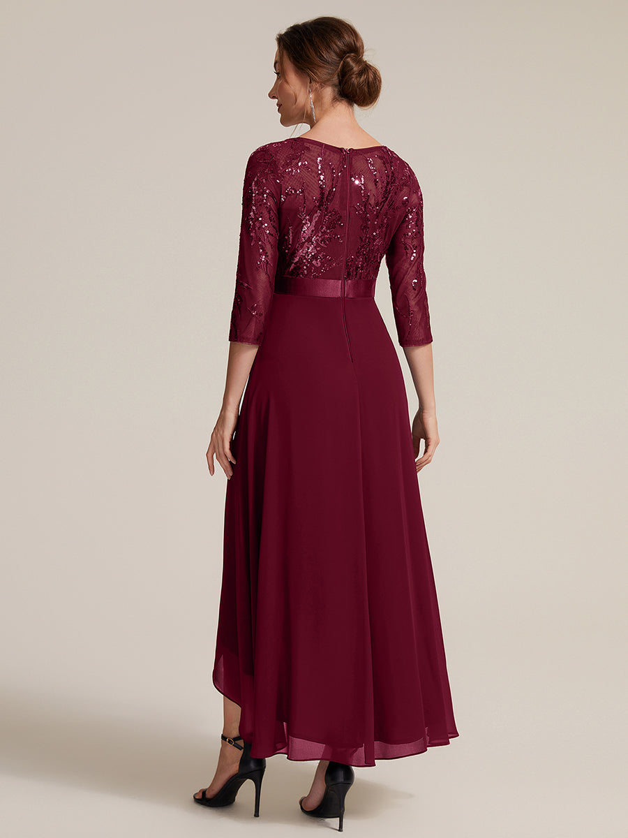 Sequins Long Sleeve Asymmetrical Hem Evening Dress #color_Burgundy