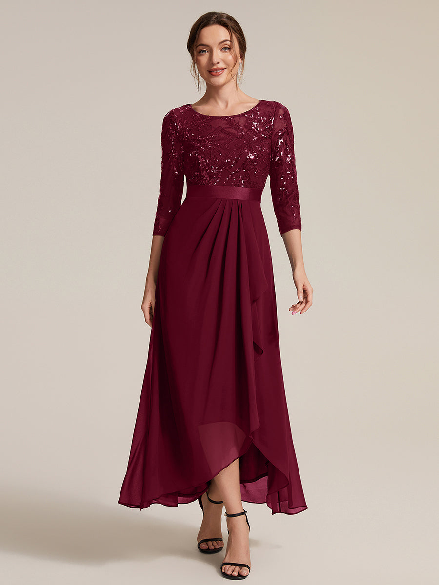 Sequins Long Sleeve Asymmetrical Hem Evening Dress #color_Burgundy