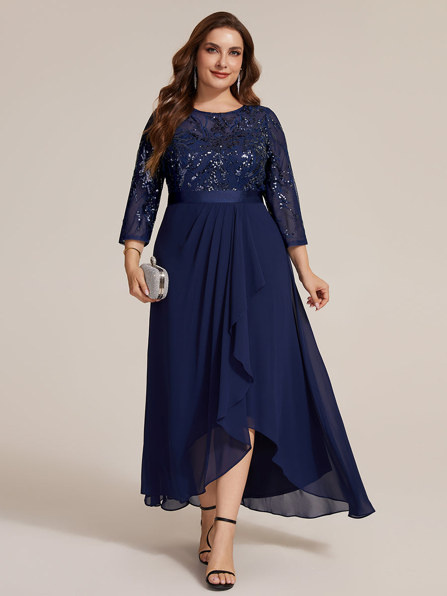 Sequins Long Sleeve Asymmetrical Hem Evening Dress #color_Navy Blue