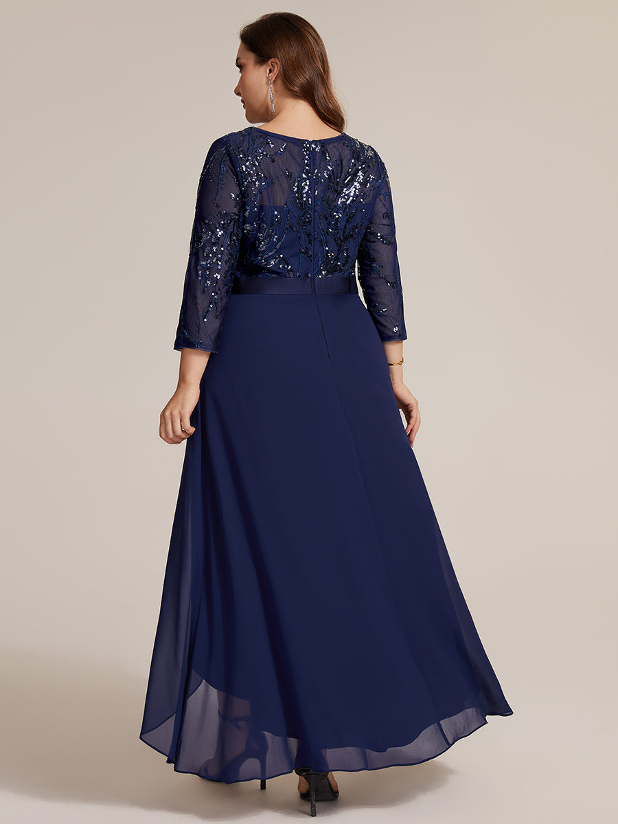 Sequins Long Sleeve Asymmetrical Hem Evening Dress #color_Navy Blue