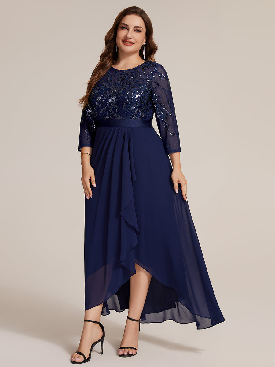 Sequins Long Sleeve Asymmetrical Hem Evening Dress #color_Navy Blue