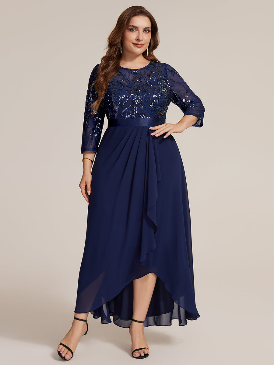 Sequins Long Sleeve Asymmetrical Hem Evening Dress #color_Navy Blue