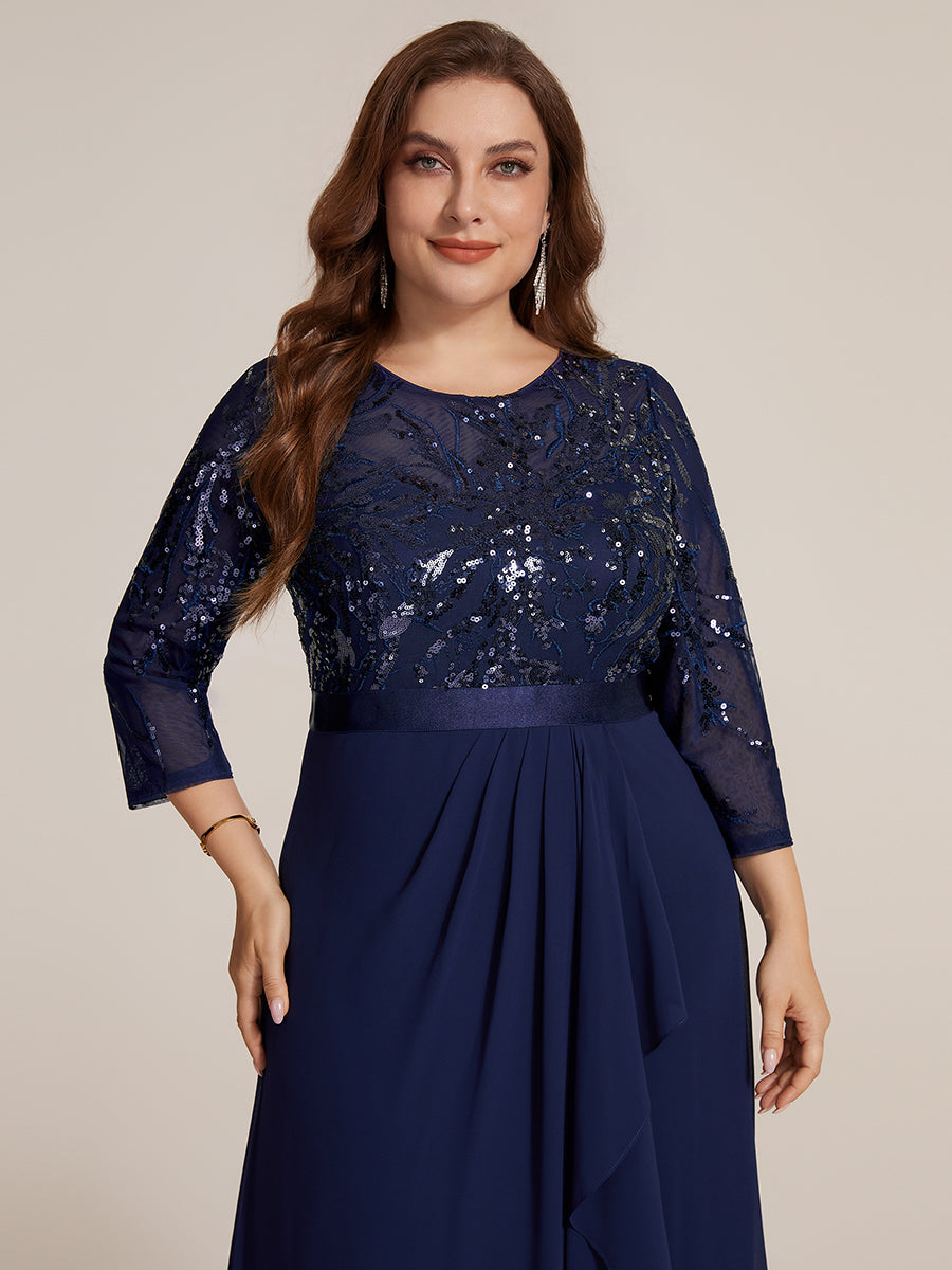 Sequins Long Sleeve Asymmetrical Hem Evening Dress #color_Navy Blue