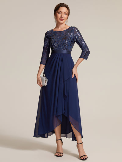 Sequins Long Sleeve Asymmetrical Hem Evening Dress